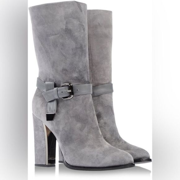 Le Silla Gray Suede Leather Mid Calf Zip Boots Platform Chunky Mirror Heel Sz 6 - Picture 1 of 15